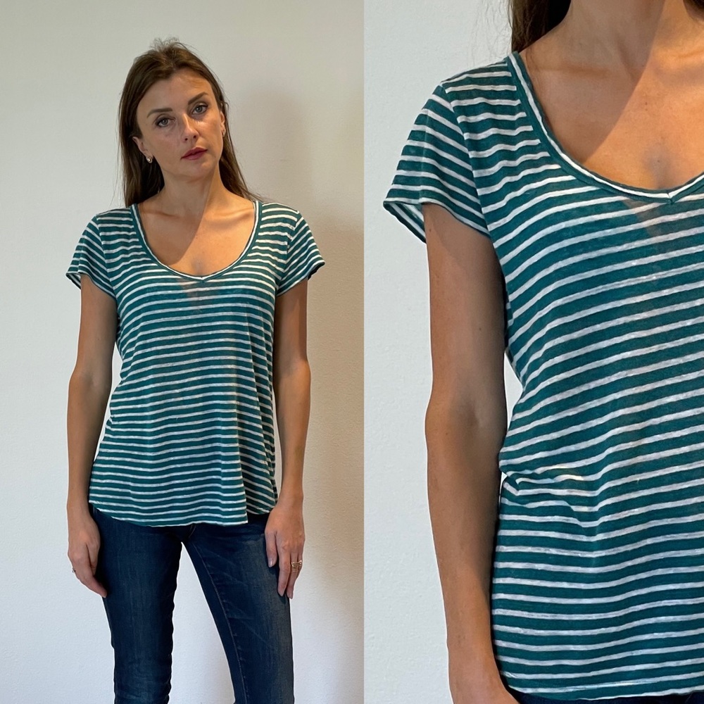 PAIGE Green & White Striped V Neck T-Shirt XS